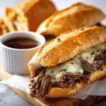 Crockpot French Dip Sandwiches 3 Crockpot French dip sandwiches with tender beef and dipping au jus