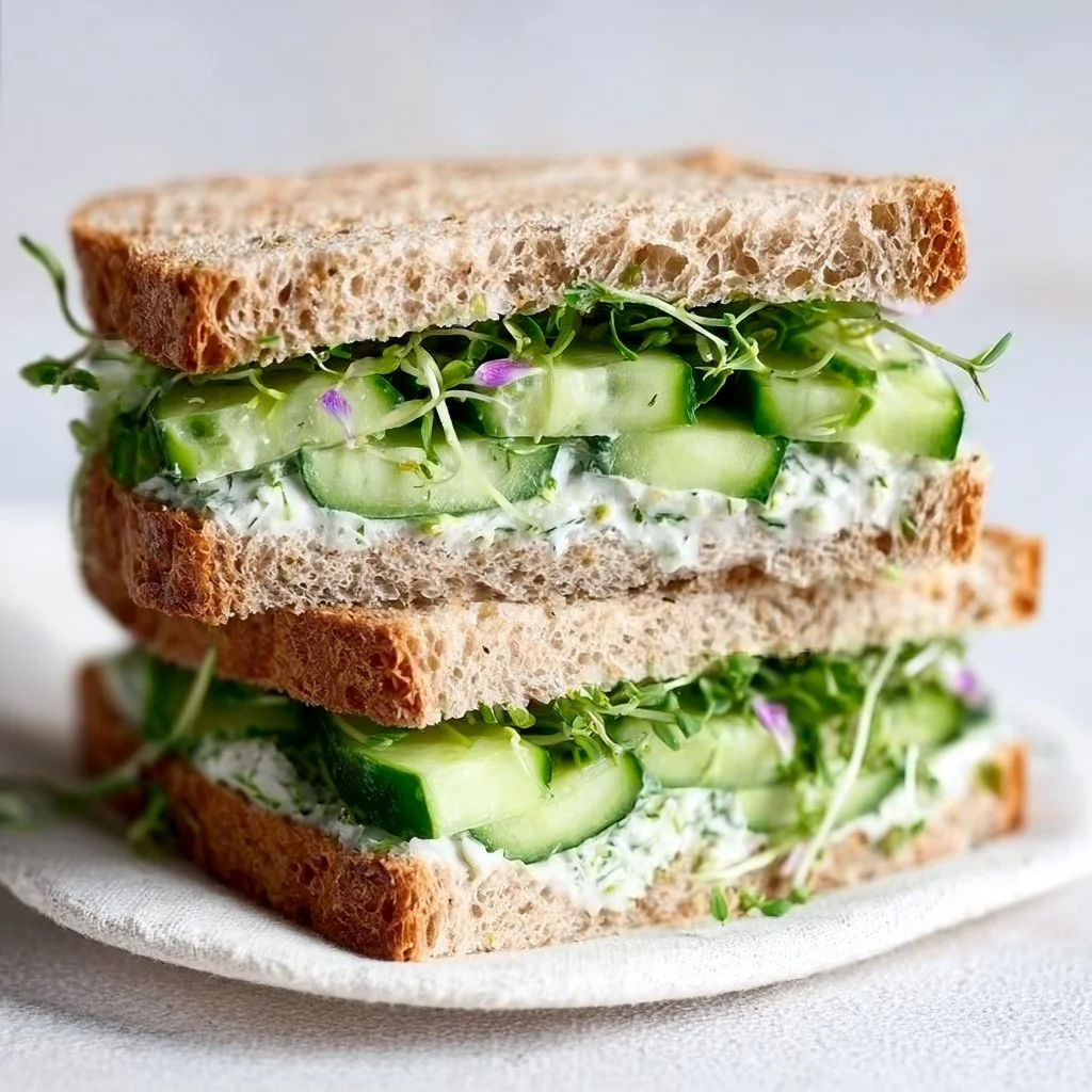 Cucumber salad sandwiches with fresh vegetables and bread on a plate.