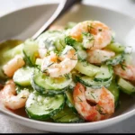 Delicious Cucumber Shrimp Salad served in a bowl, garnished with herbs.