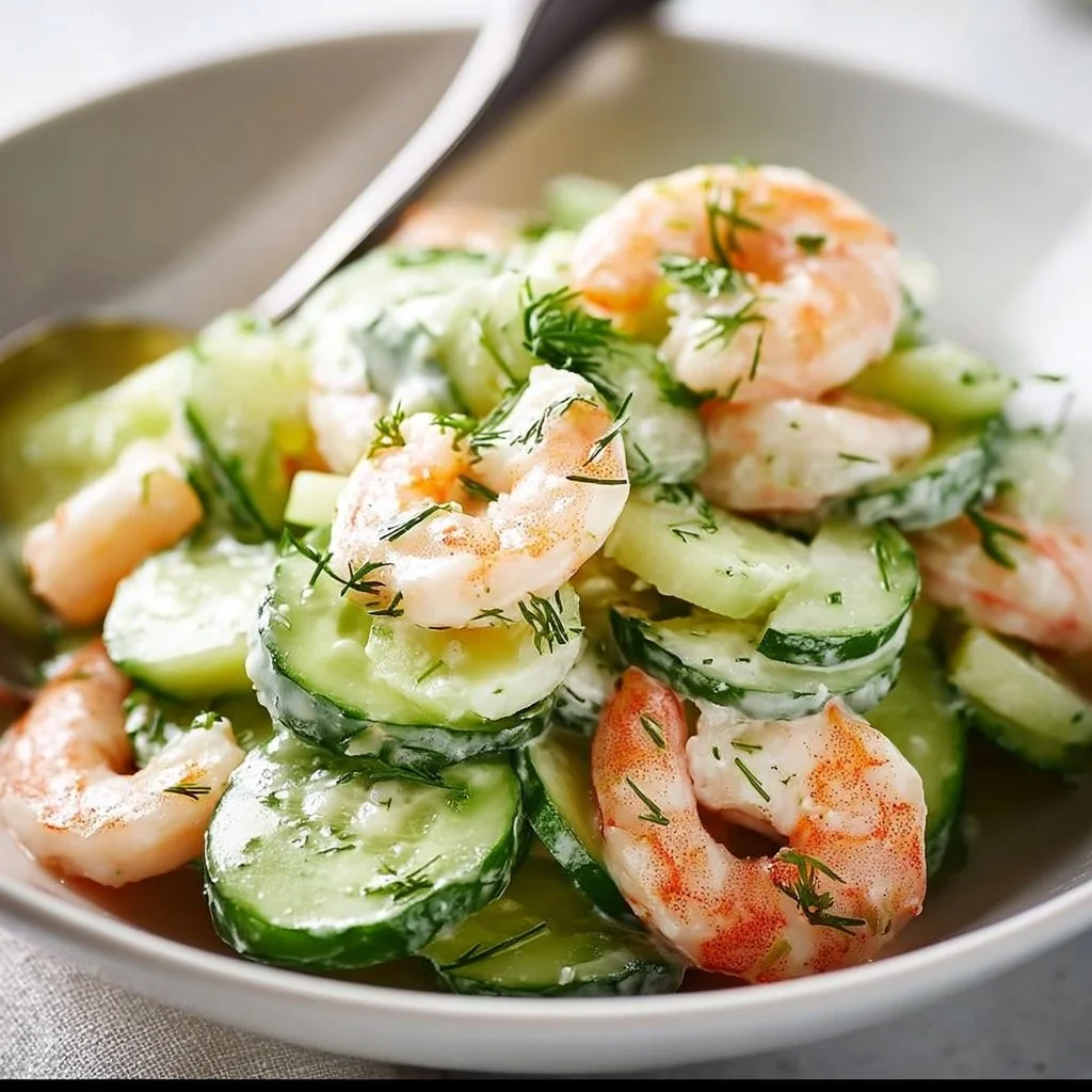 Delicious Cucumber Shrimp Salad served in a bowl, garnished with herbs.
