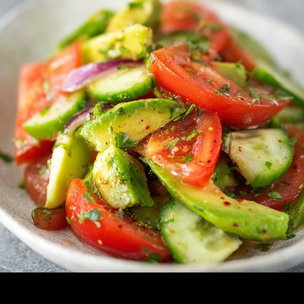 Refreshing Cucumber Tomato Avocado Salad in a bowl with fresh ingredients