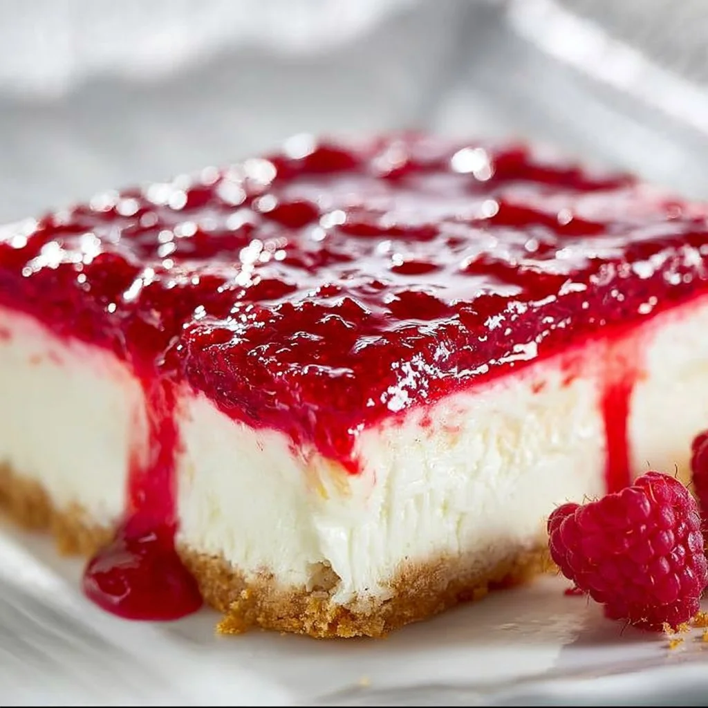 Slice of dreamy raspberry cheesecake topped with fresh raspberries