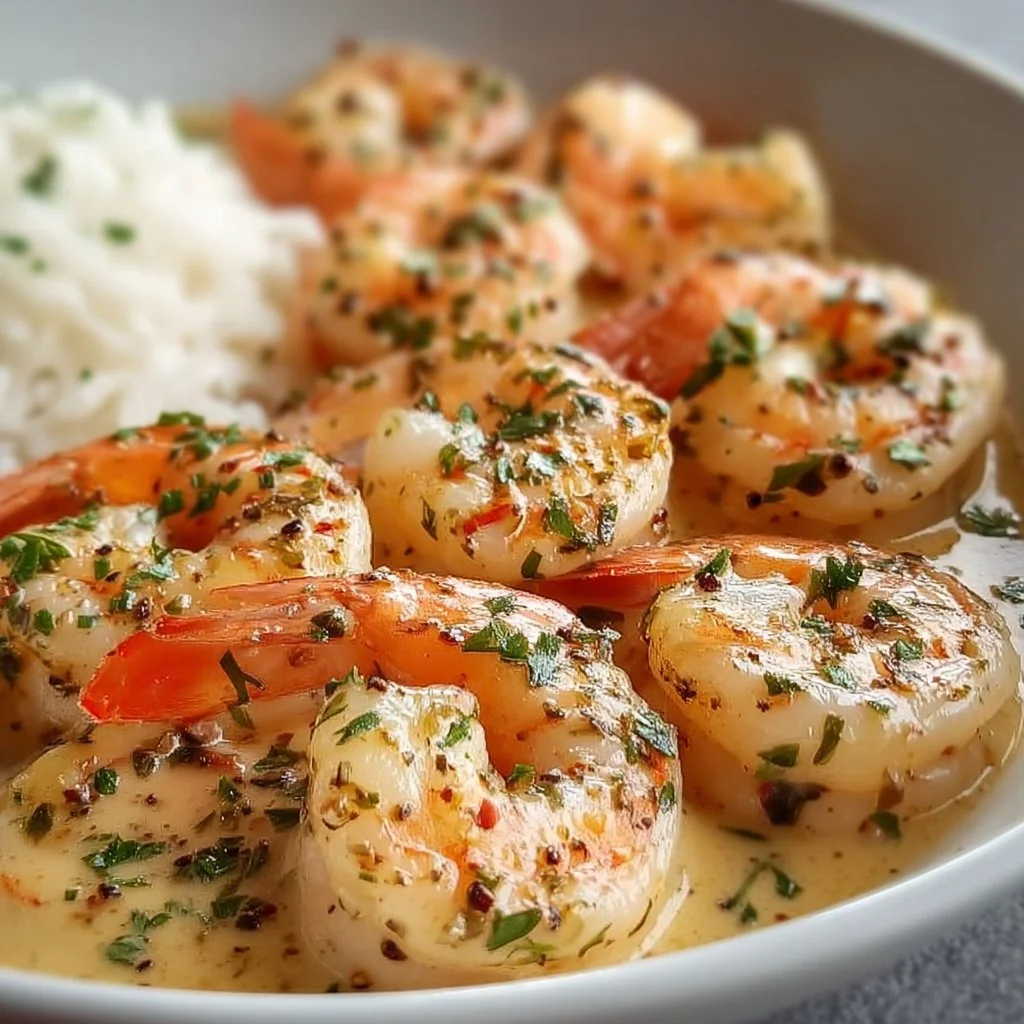 Delicious easy creamy garlic shrimp served in a bowl