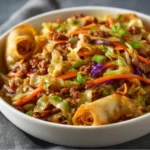 Healthy egg roll in a bowl recipe with vegetables and seasoning.