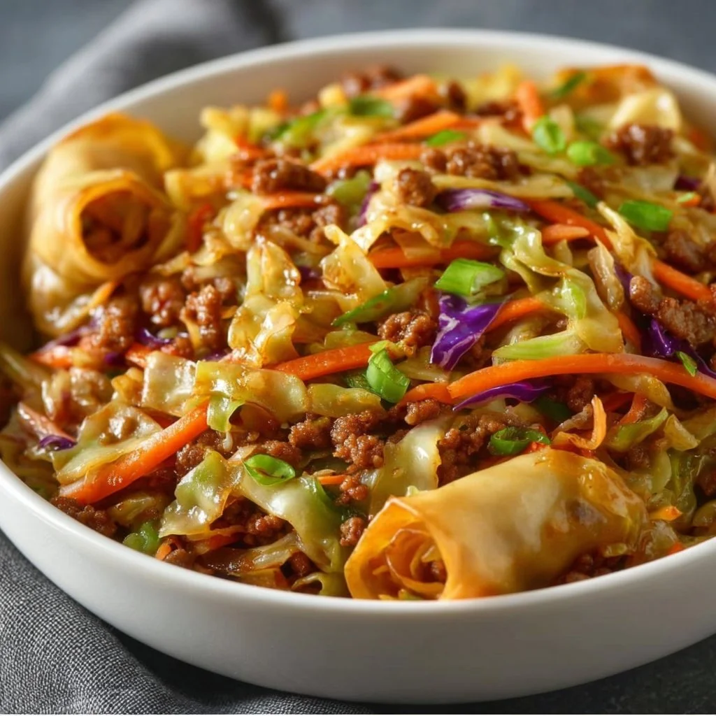 Healthy egg roll in a bowl recipe with vegetables and seasoning.