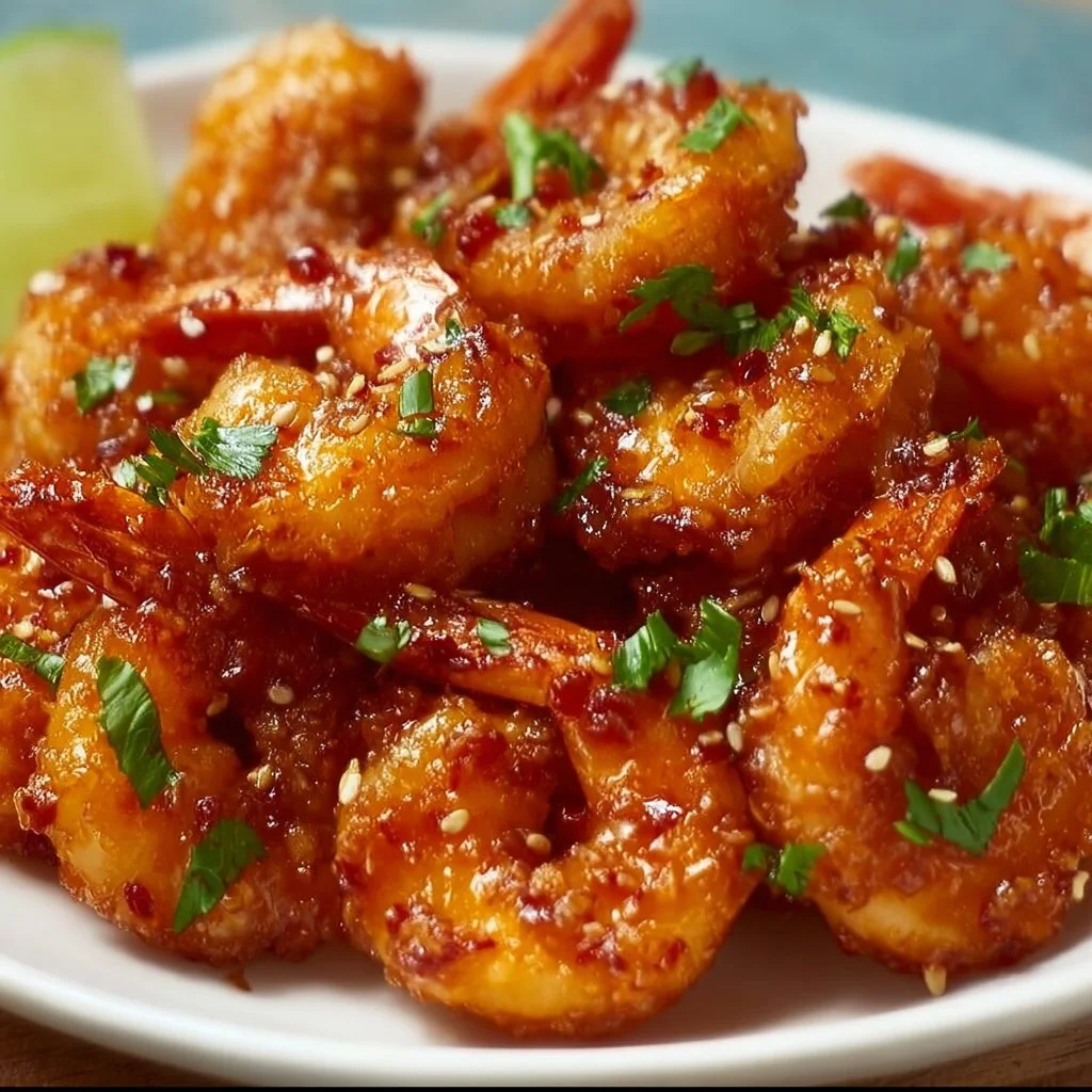 Spicy Firecracker Shrimp served with dipping sauce on a plate