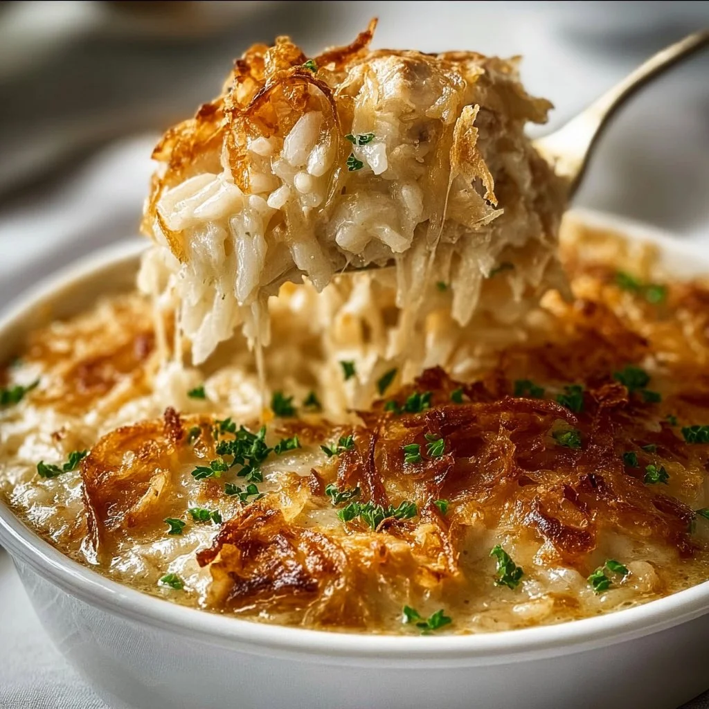 Delicious French onion chicken rice bake topped with melted cheese and caramelized onions.