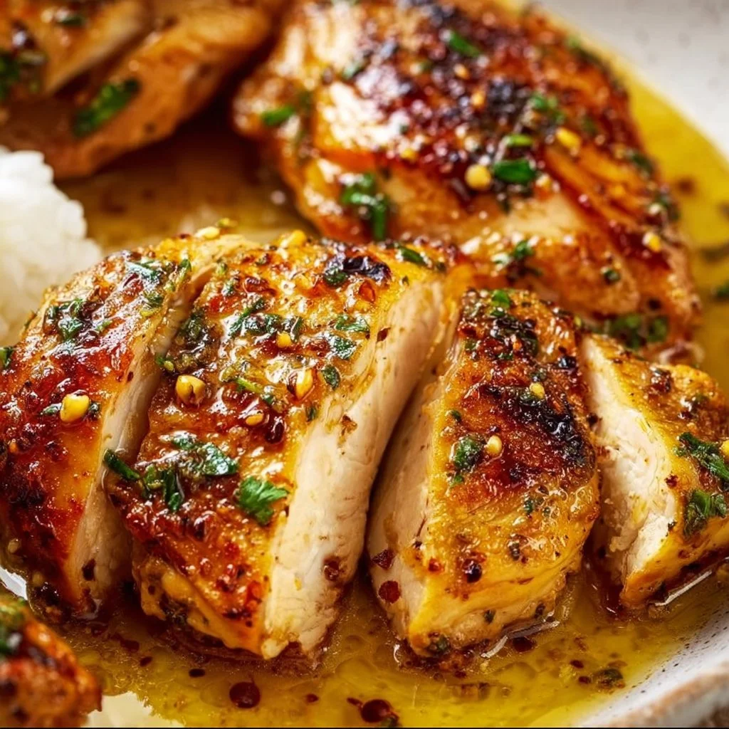 Delicious Garlic Butter Chicken sizzling in a pan with herbs and spices