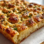 Freshly baked Garlic Parmesan Focaccia Bread topped with herbs.