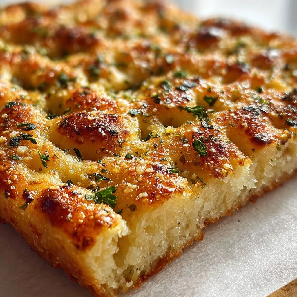 Freshly baked Garlic Parmesan Focaccia Bread topped with herbs.