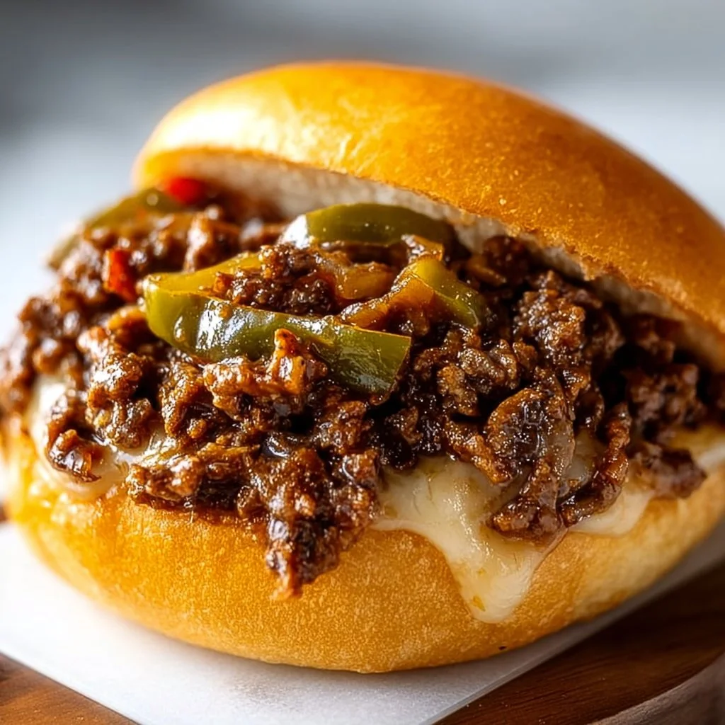 Gordon Ramsay's delicious Philly Cheesesteak Sloppy Joes served on a plate.