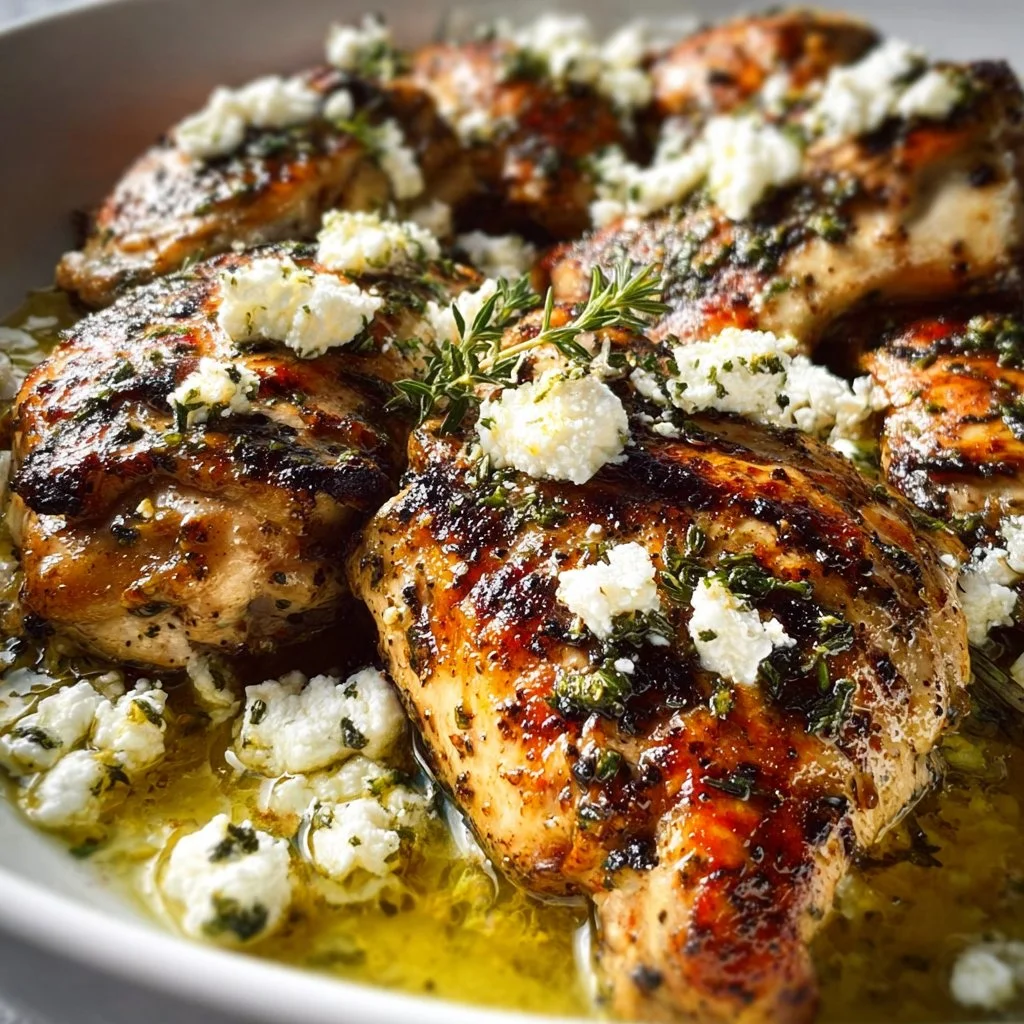 Delicious Greek chicken with lemon and feta served with herbs