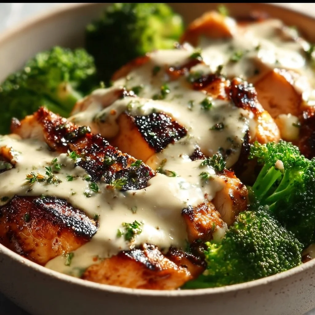 Grilled chicken and broccoli bowl with colorful vegetables and healthy grains