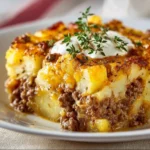 Delicious ground beef and potatoes casserole baked to perfection.