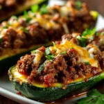 Ground Beef Zucchini Boats topped with cheese and herbs
