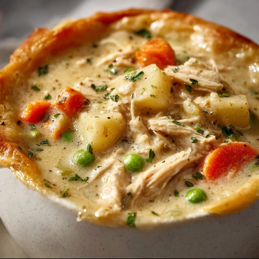 Bowl of high protein chicken pot pie soup with fresh ingredients