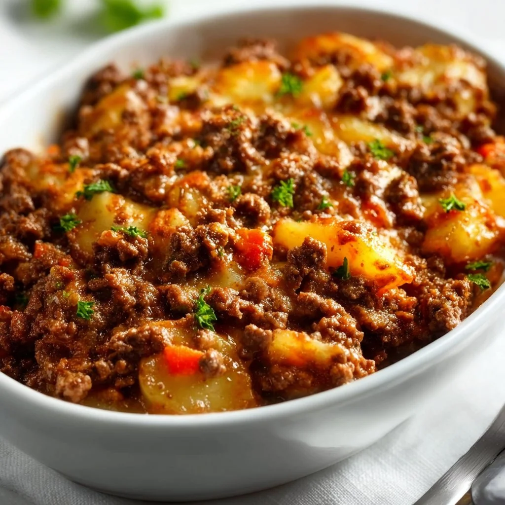 Delicious hobo casserole with ground beef, vegetables, and cheese.