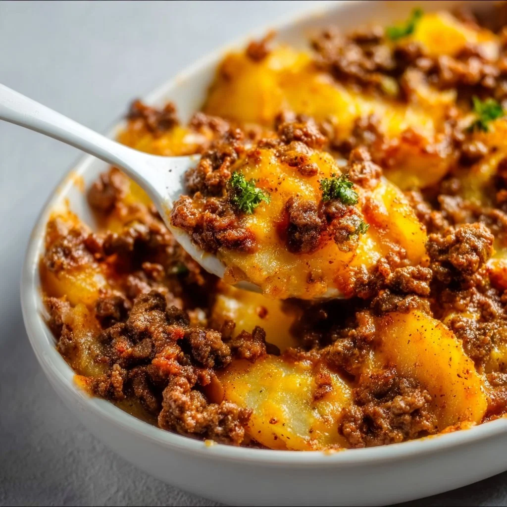 Delicious Hobo Casserole with ground beef and vegetables baked in a dish