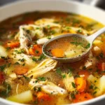 Delicious homemade chicken soup served in a bowl with fresh herbs.