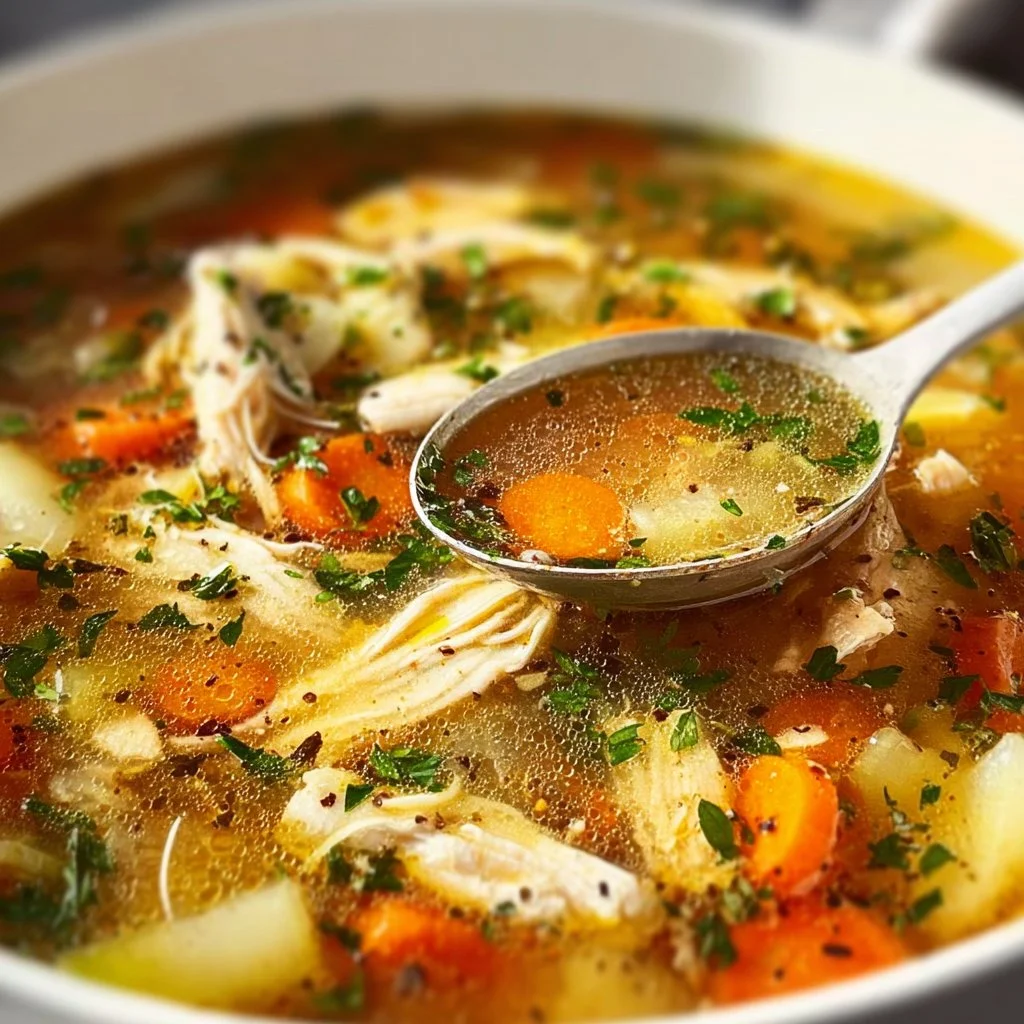 Delicious homemade chicken soup served in a bowl with fresh herbs.