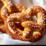 Freshly baked homemade soft pretzels with coarse salt on a wooden table.