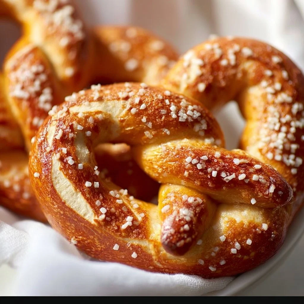 Freshly baked homemade soft pretzels with coarse salt on a wooden table.