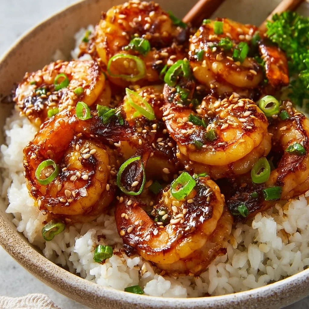 Honey Garlic Shrimp Bowl with vegetables and rice for a flavorful meal