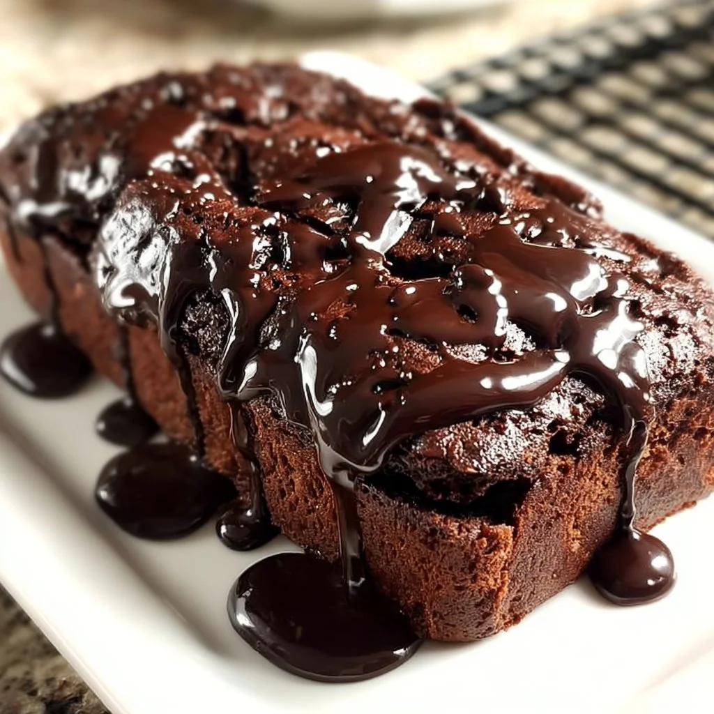 Delicious hot fudge brownie bread with a rich chocolatey glaze
