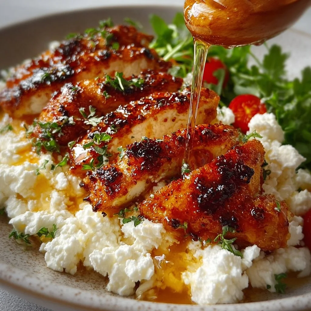 Delicious Hot Honey Feta Chicken dish topped with honey glaze and feta cheese.