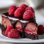 Decadent dark chocolate raspberry cheesecake slice on a decorative plate
