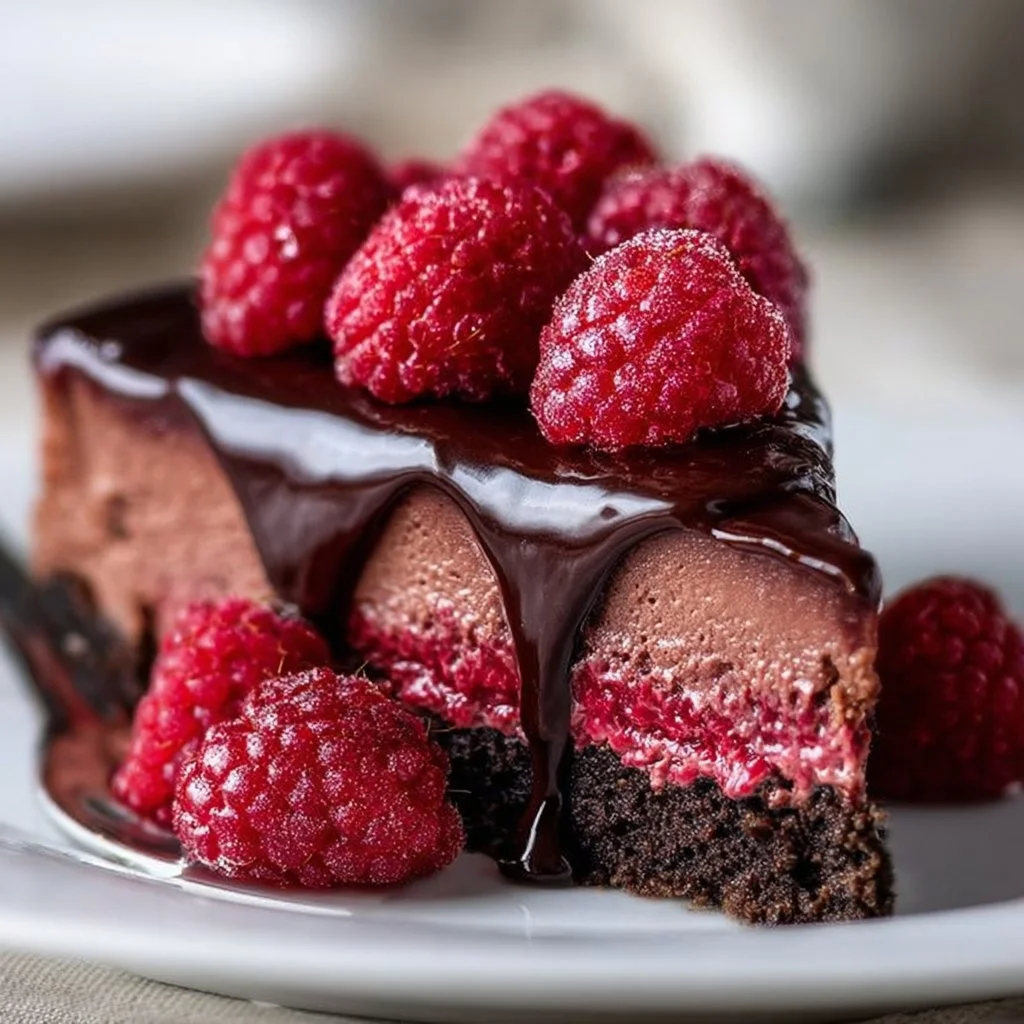 Decadent dark chocolate raspberry cheesecake slice on a decorative plate