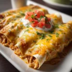 Plate of indulgent queso chicken enchiladas topped with creamy cheese and garnished.