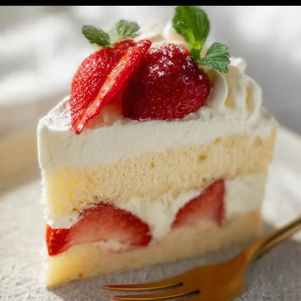 Japanese strawberry shortcake topped with fresh strawberries and whipped cream