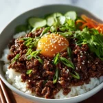Delicious Korean ground beef bowl served with rice and vegetables