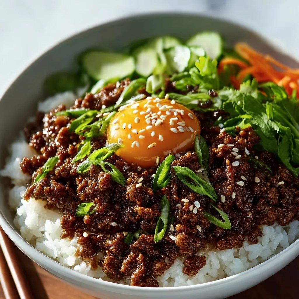 Delicious Korean ground beef bowl served with rice and vegetables