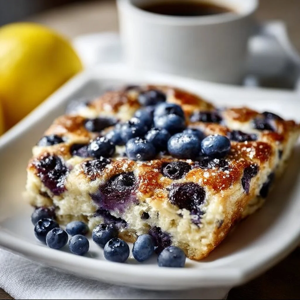 Lemon Blueberry Breakfast Bake garnished with fresh blueberries and lemon slices.