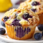 Delicious homemade lemon blueberry muffins topped with fresh berries