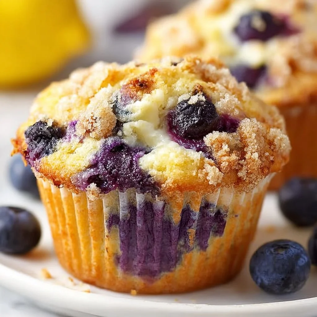 Delicious homemade lemon blueberry muffins topped with fresh berries
