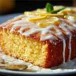 Slice of moist lemon cake with a lemon glaze and fresh lemon slices on top