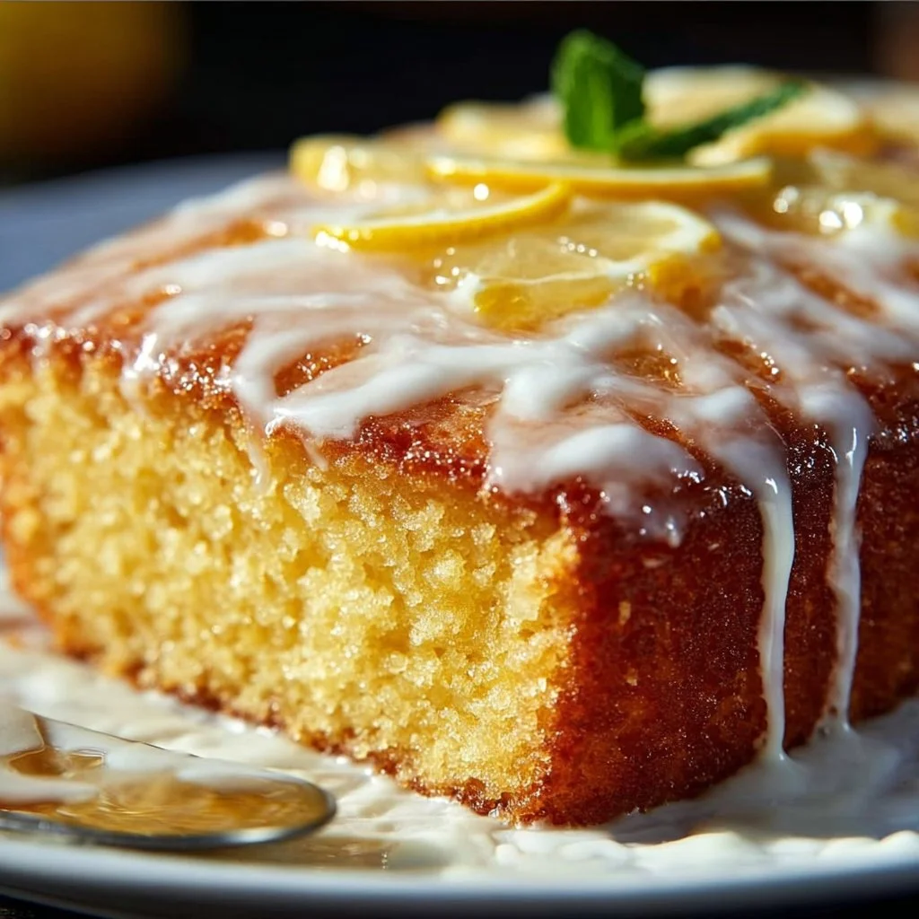 Slice of moist lemon cake with a lemon glaze and fresh lemon slices on top