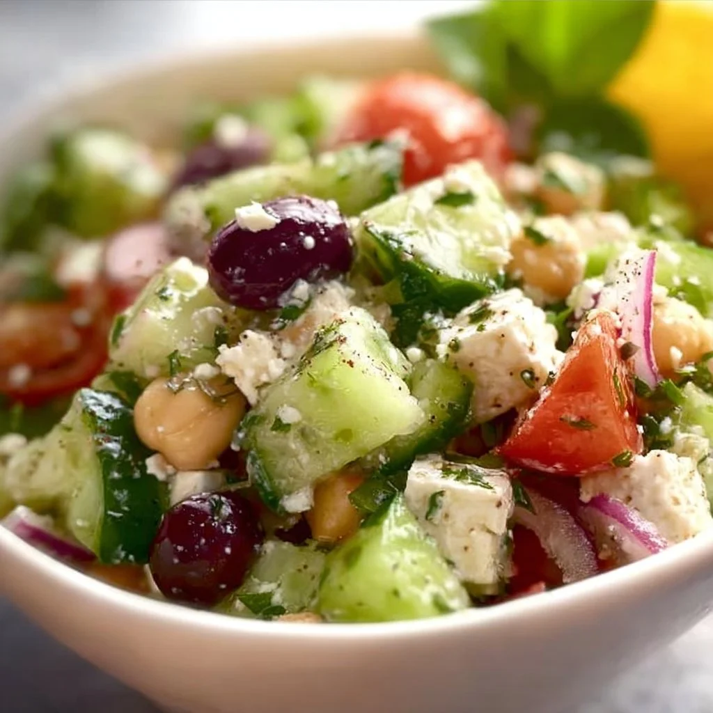 Lemon Greek Salad with fresh vegetables and feta cheese