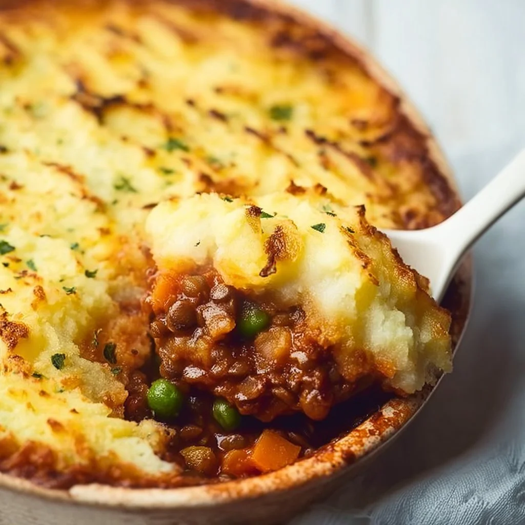 A delicious serving of Lentil Shepherd's Pie topped with golden mashed potatoes.