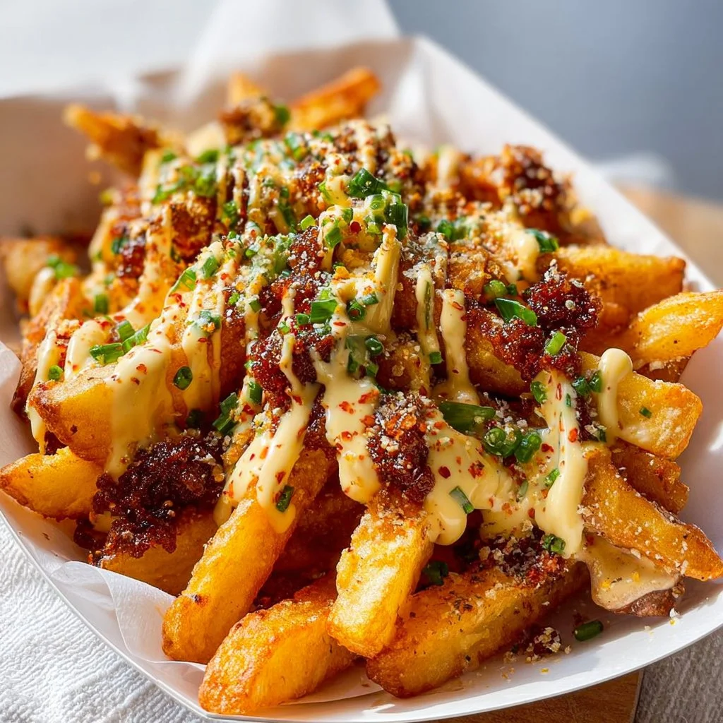 A delicious plate of Louisiana Voodoo Fries topped with spicy seasonings.