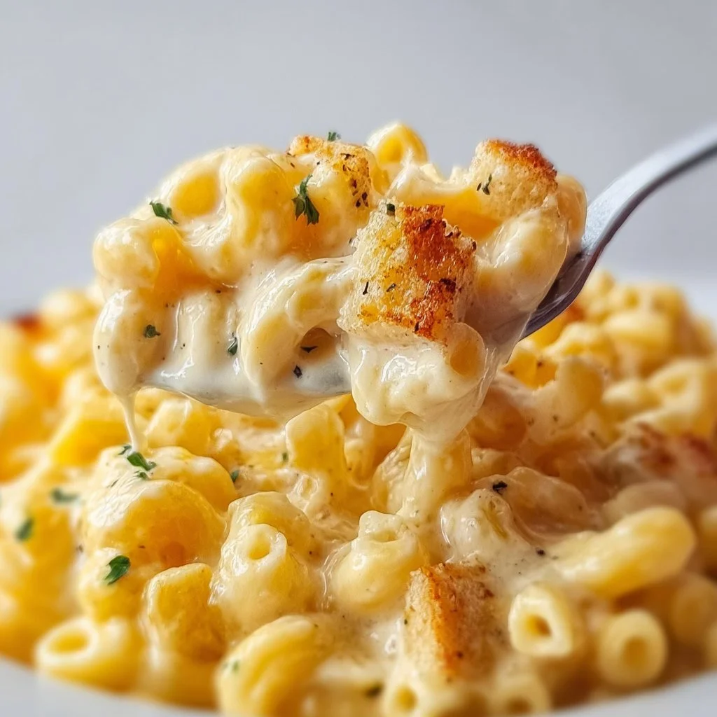 Bowl of creamy Mac and Cheese topped with breadcrumbs