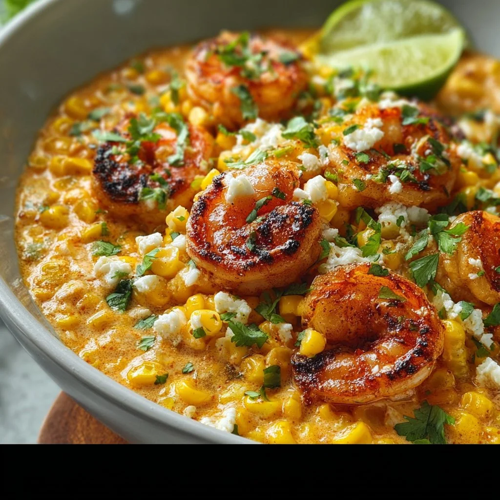 Delicious Mexican Street Corn topped with shrimp and spices