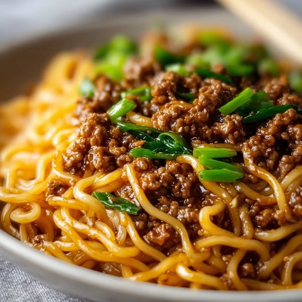 Delicious bowl of Mongolian ground beef noodles with fresh vegetables.