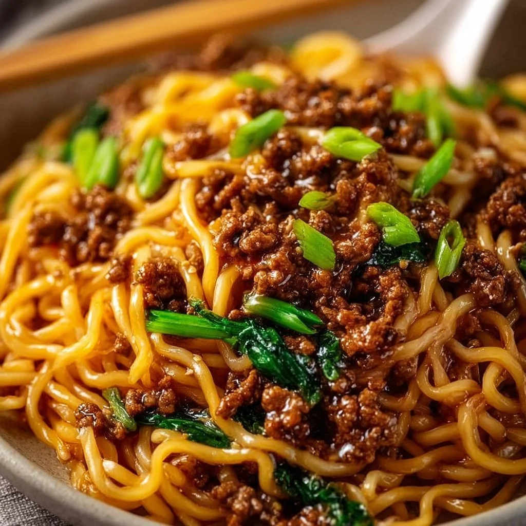 Mongolian Ground Beef Noodles served in a bowl with fresh herbs