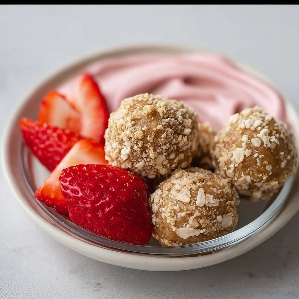 No-Bake Strawberry Cheesecake Protein Balls ready to enjoy as a healthy snack