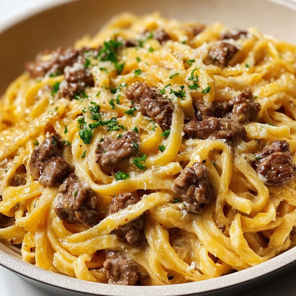 One-Pot Creamy Beef and Garlic Butter Pasta served in a bowl