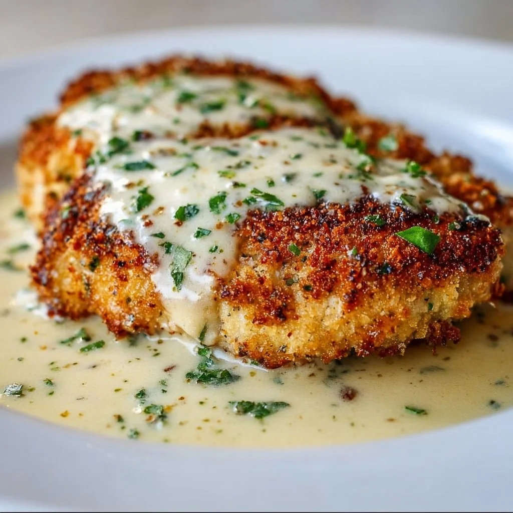 Delicious Parmesan Crusted Chicken served with herbs and a side dish